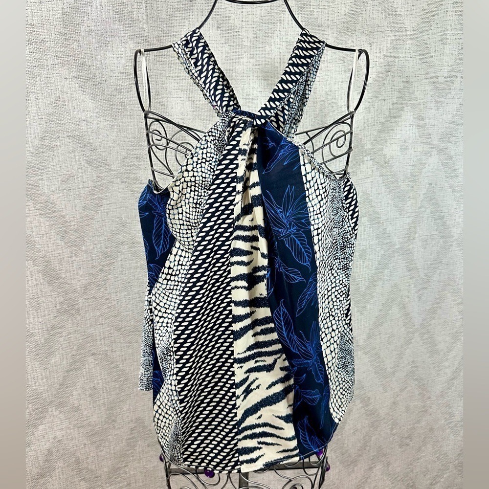 Banana Republic Halter Top XL Navy Blue Good Mixed Print Blouse Festival Boho